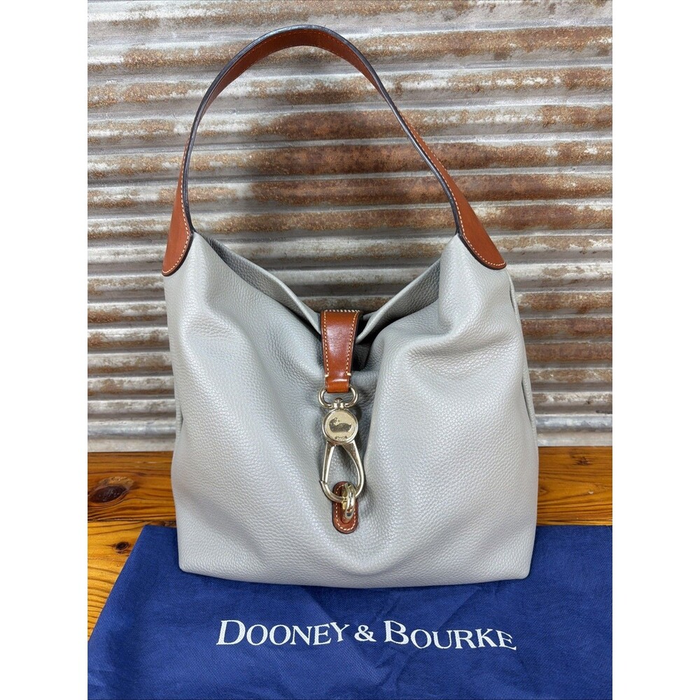 Dooney Bourke Leather Hobo Shoulder Bag Large Logo Lock Gray Pebble Grain MINT!!